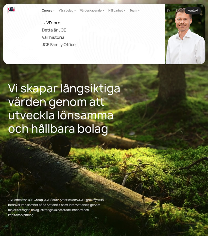 Screenshot of the JCE website with the menu open
